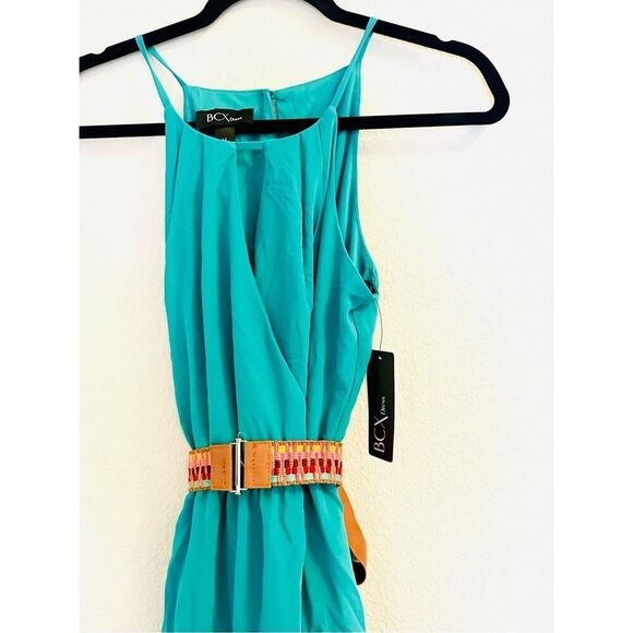 NWT BCX Juniors Women's blue/green Belted Pullover Chiffon Halter Fit & Flare Dr - Picture 5 of 13